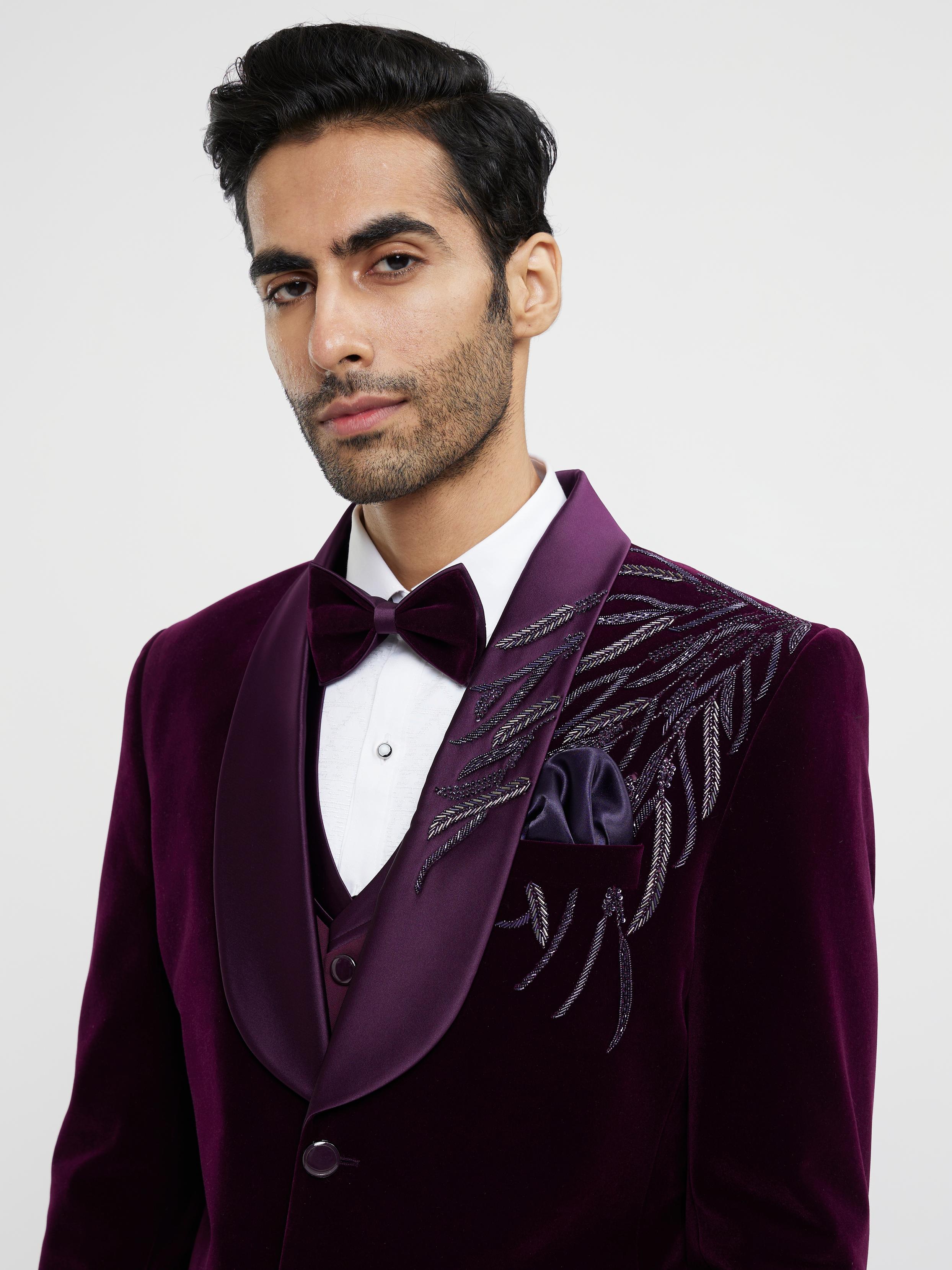 Twamev Men Regal Wine Velvet Suit Set