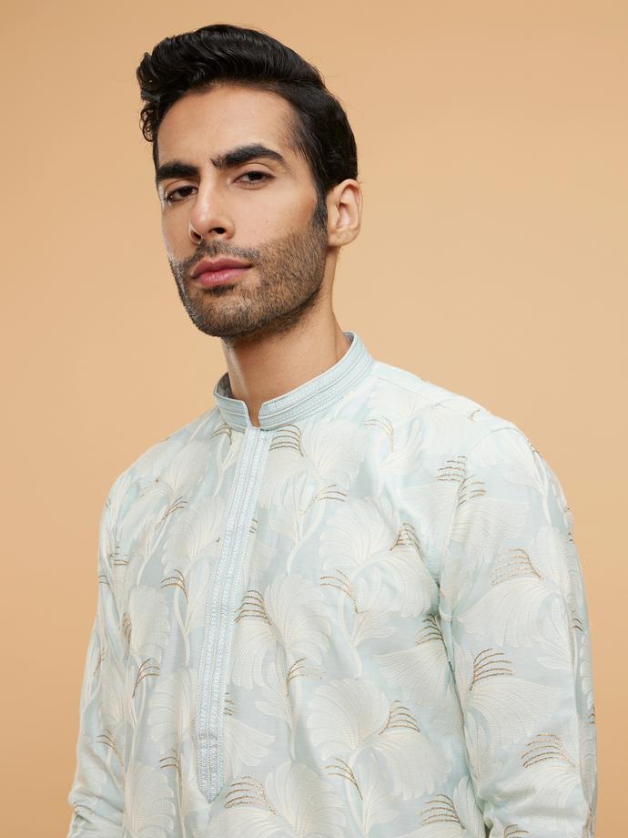 Twamev Men Light Blue Leaf Printed Kurta Set