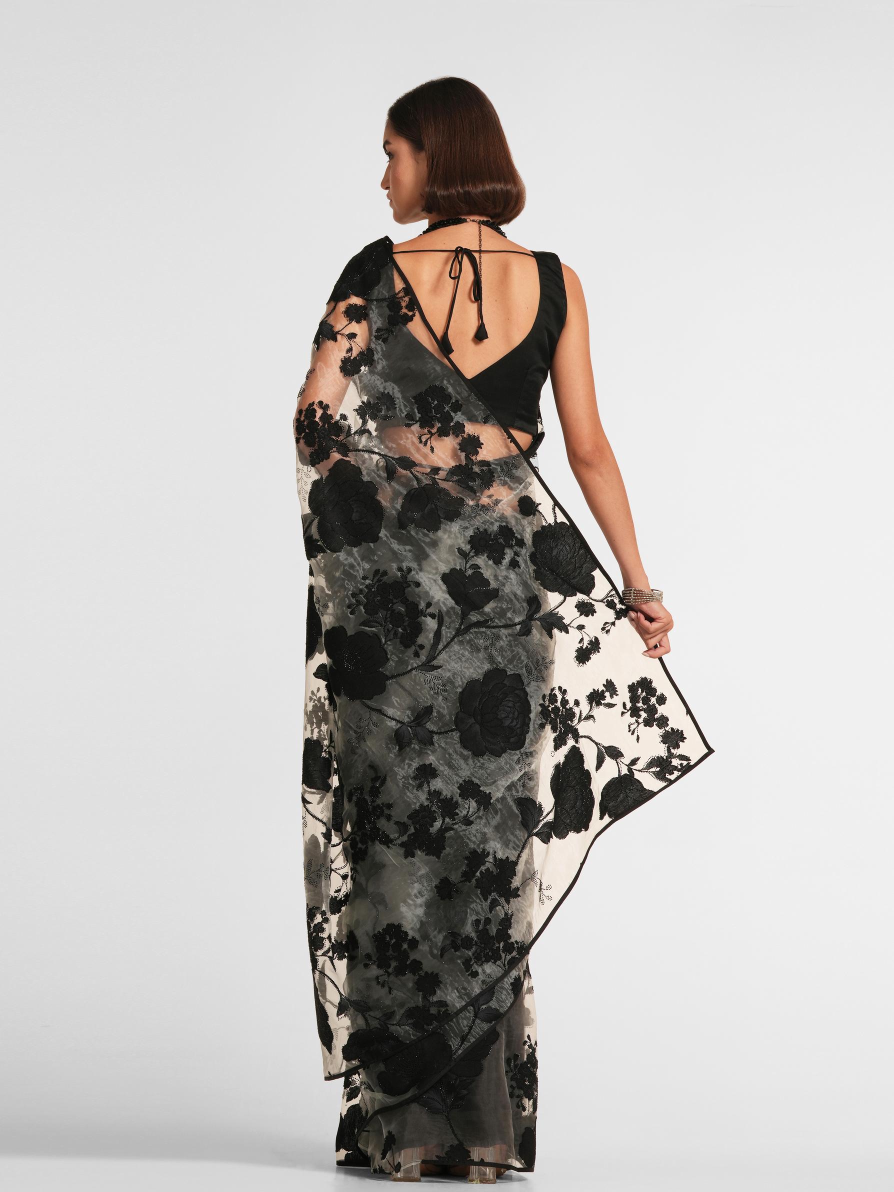 Twamev Women Black Night Elegance Organza Saree