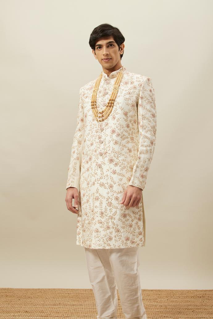 Twamev Men Off White and Pink Embroidered Sherwani Set