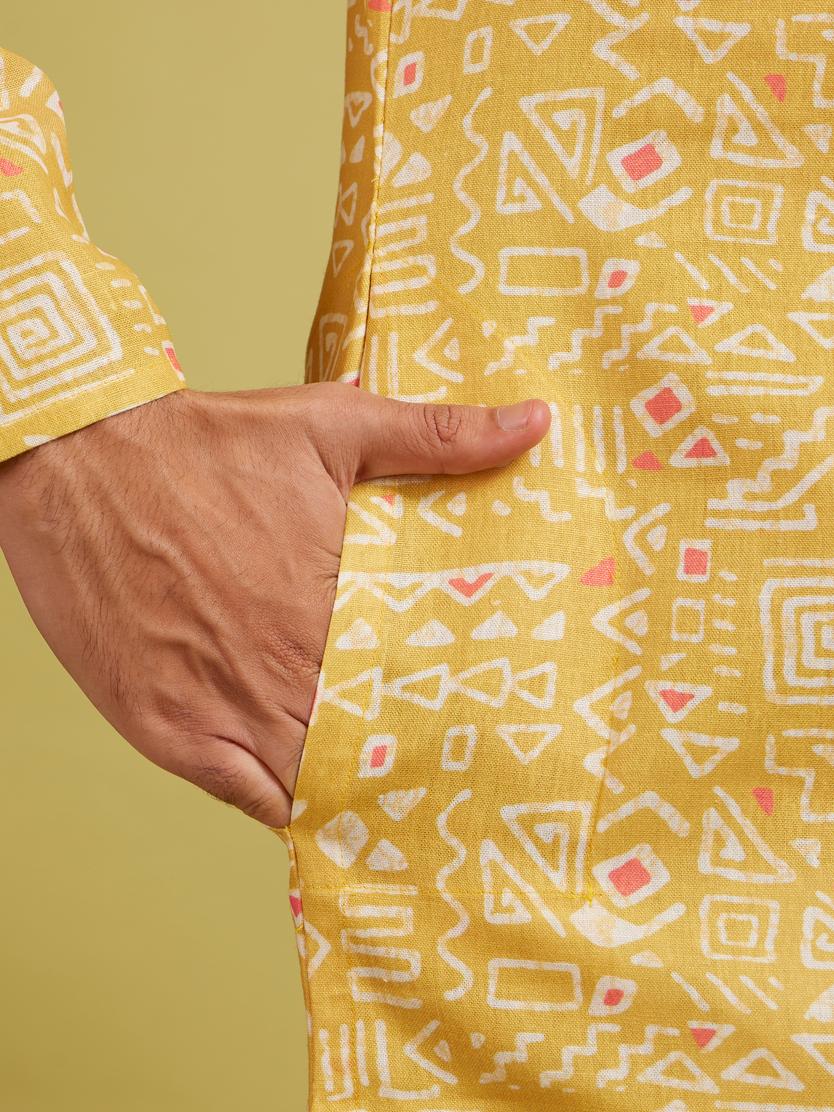 Diwas Men Mustard Yellow Aztec Printed Kurta
