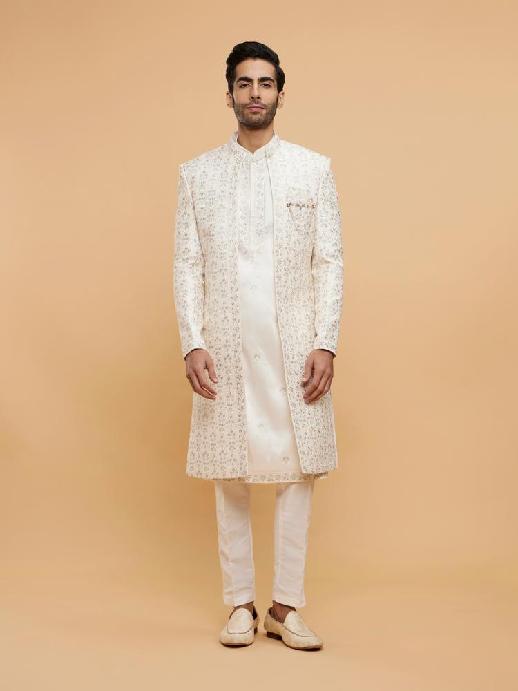 Twamev Men Warm White Bel Buti Embroidered Sherwani Set