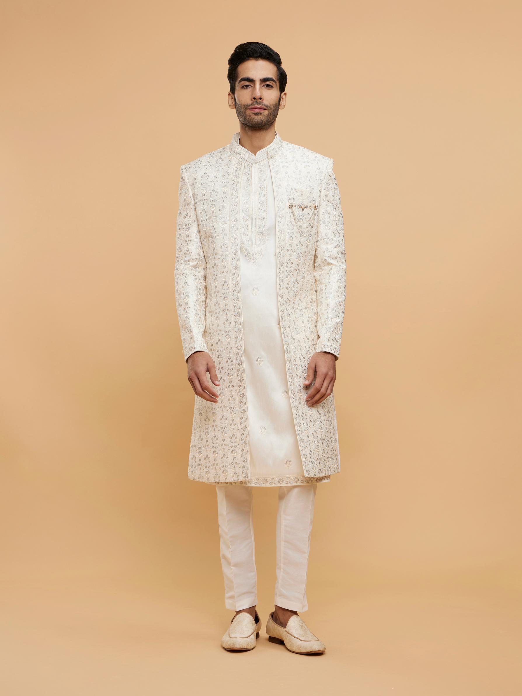 Twamev Men Warm White Bel Buti Embroidered Sherwani Set