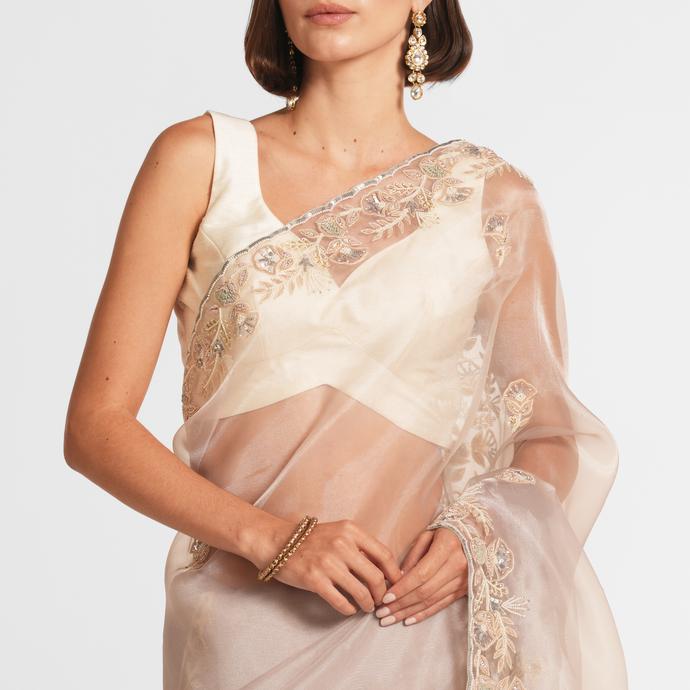 Twamev Women Cream Elegance Organza Saree