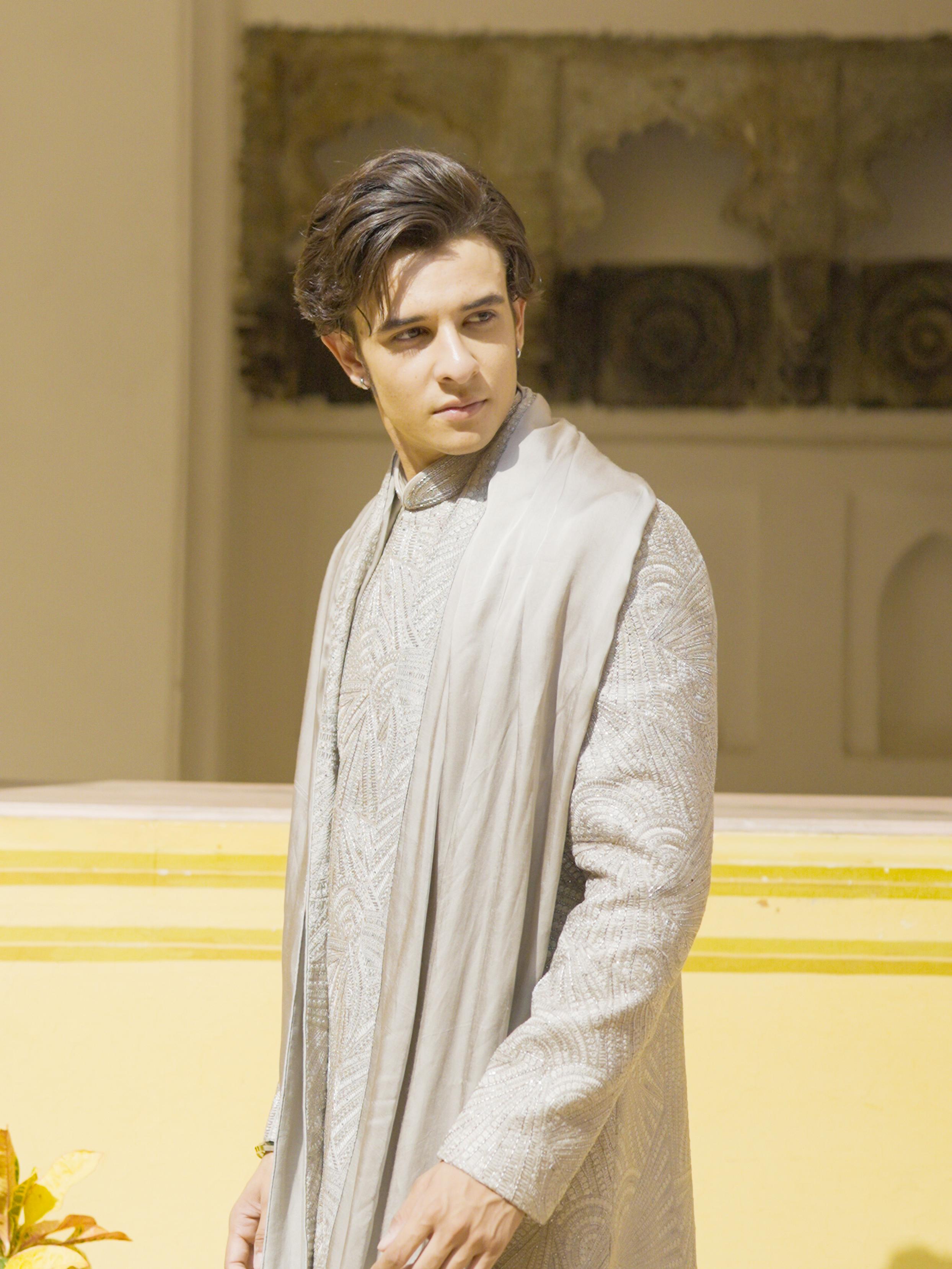 Twamev Men Steel Grey Self Embroidered Sherwani Set with Geometric Patterns