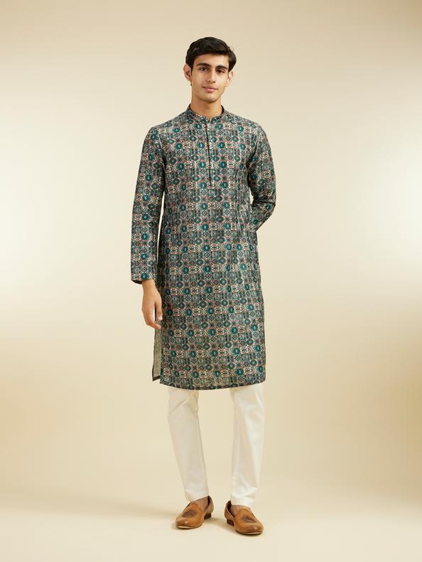 Diwas Men Bottle Green Aztec Printed Kurta
