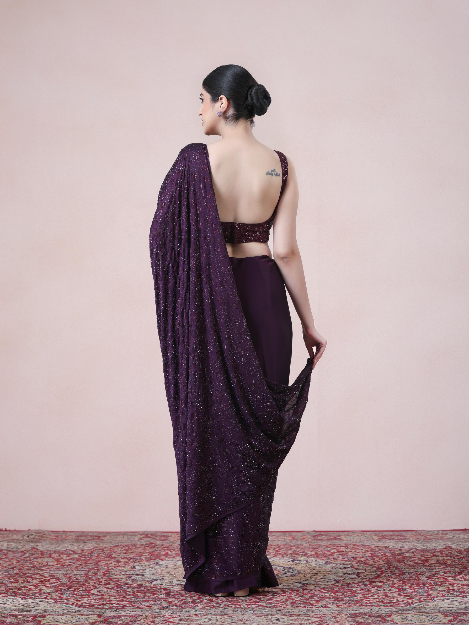Twamev Women Dazzling Dark Purple Satin Saree