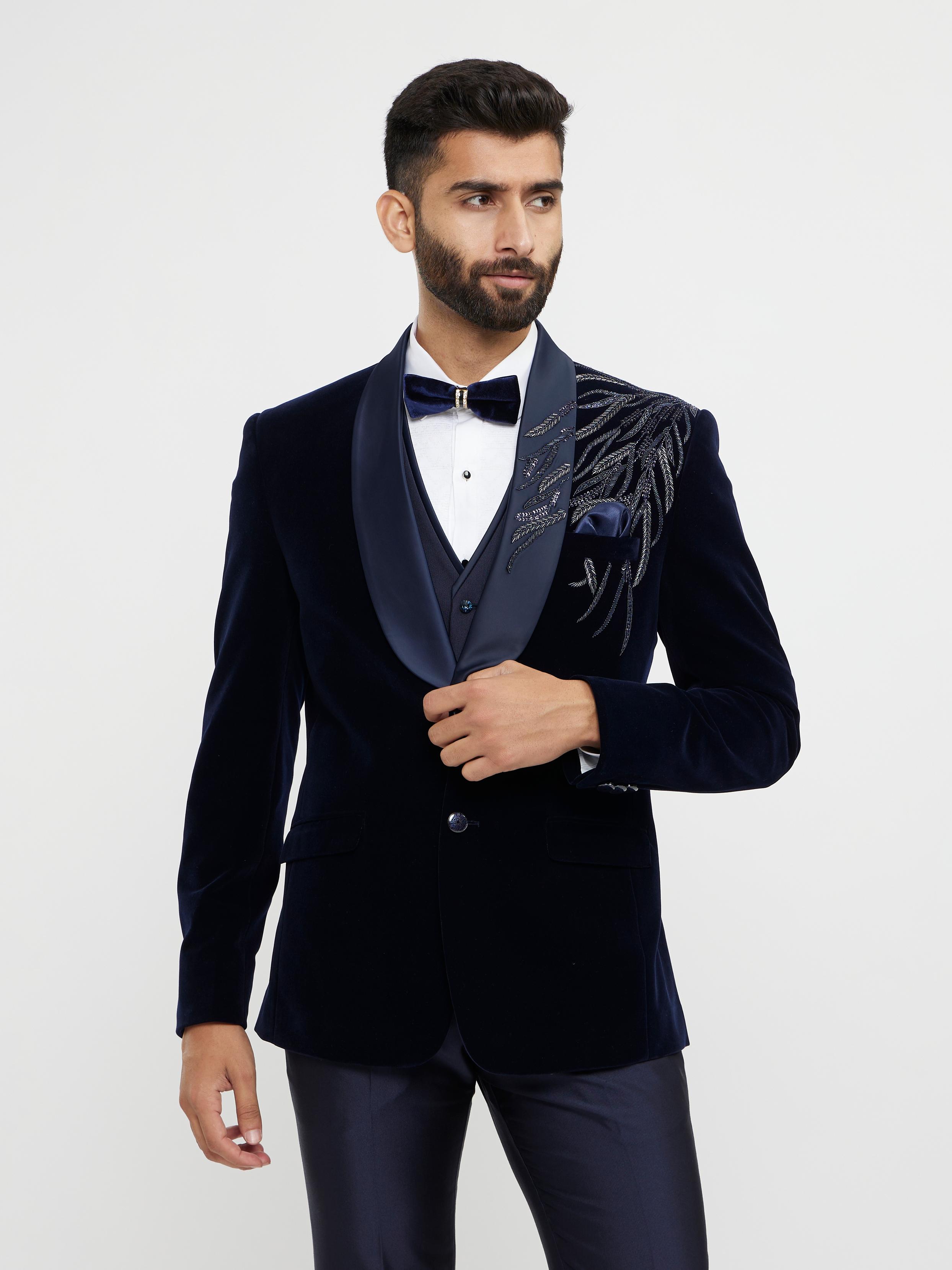 Twamev Men Dark Blue Velvet Suave Suit Set