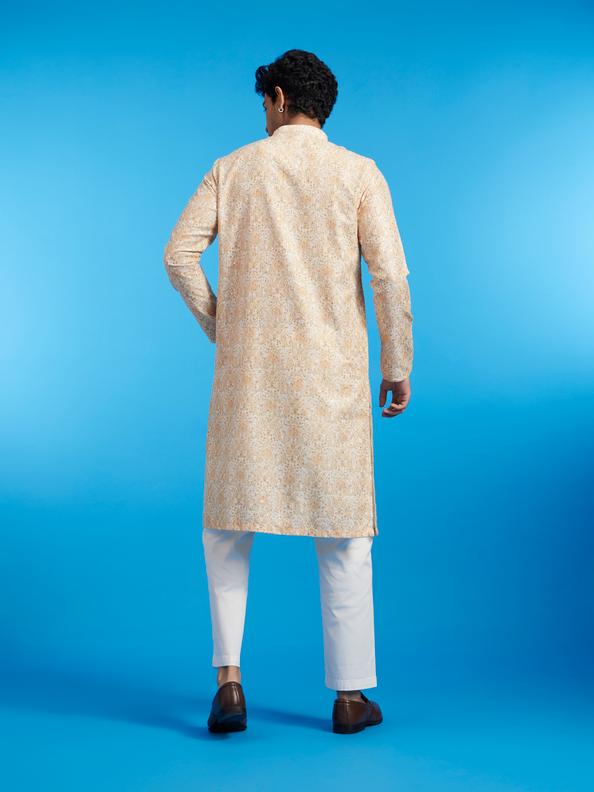 Diwas Men Primrose Yellow Paisley Patterned Kurta with Rhinestones