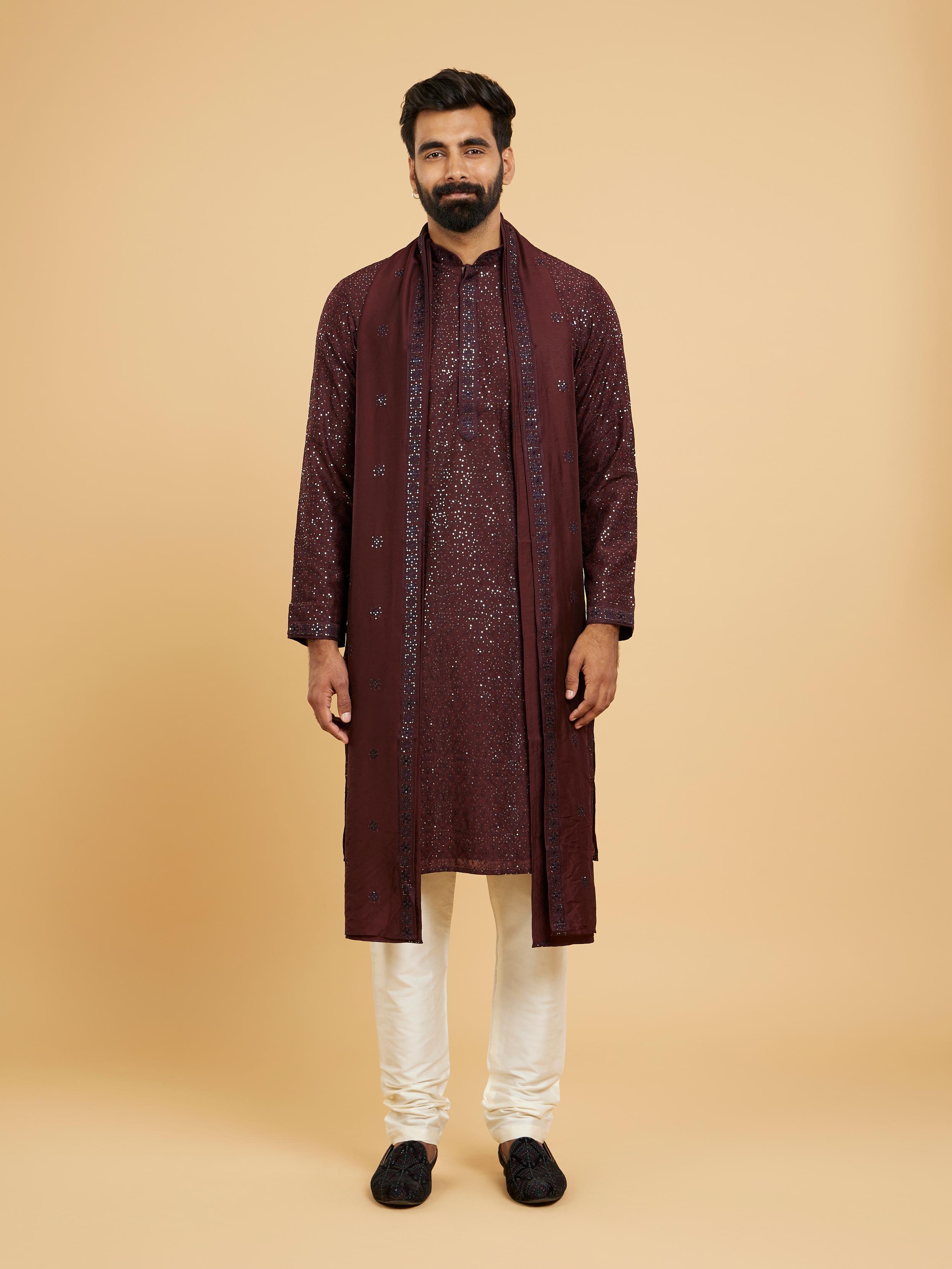 Twamev Men Glamorous Wine Kurta Set with Dupatta