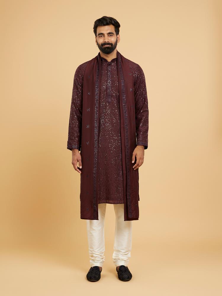 Twamev Men Glamorous Wine Kurta Set with Dupatta