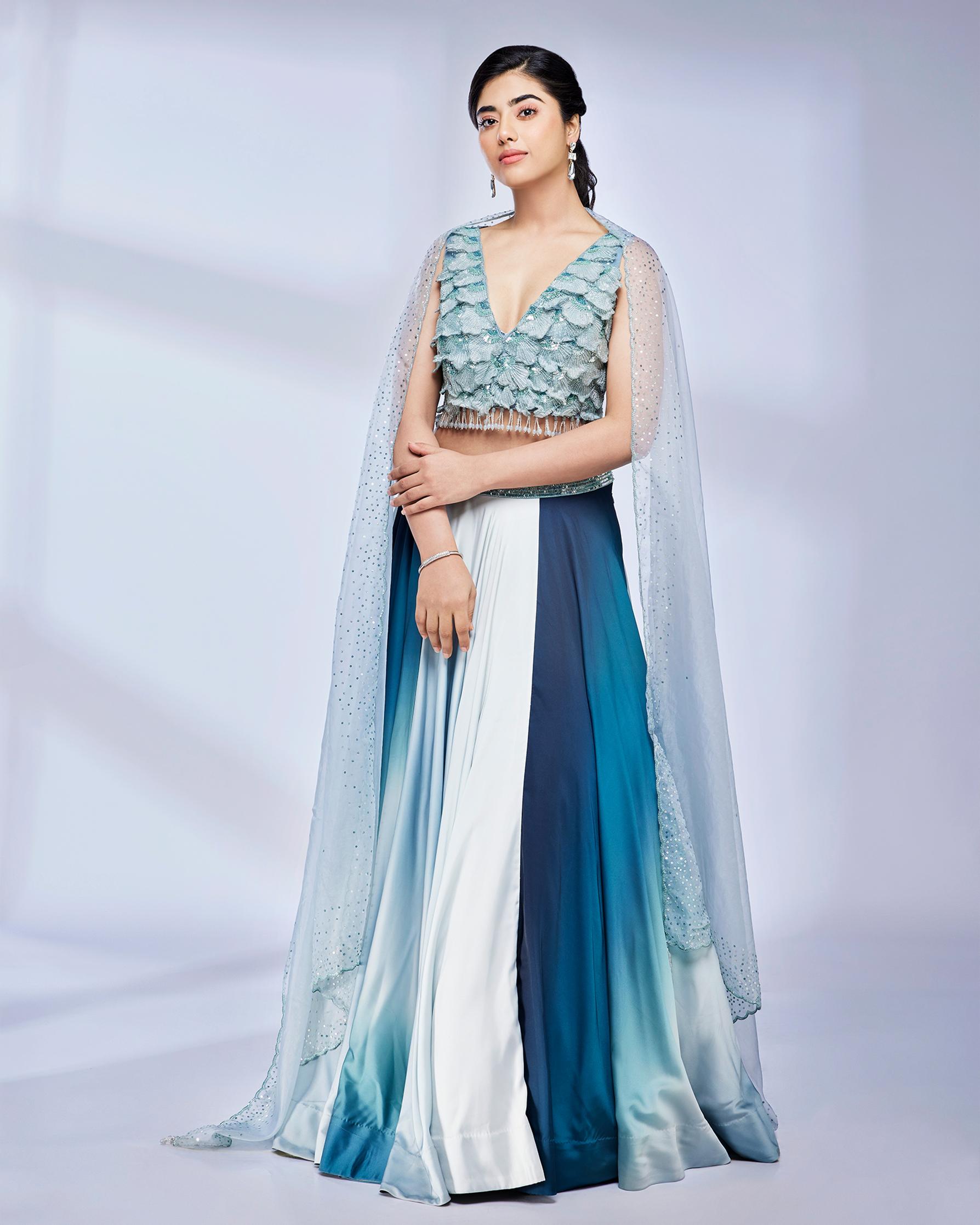 Twamev Women Sea Green Marble Ombre Shaded Skirt Top