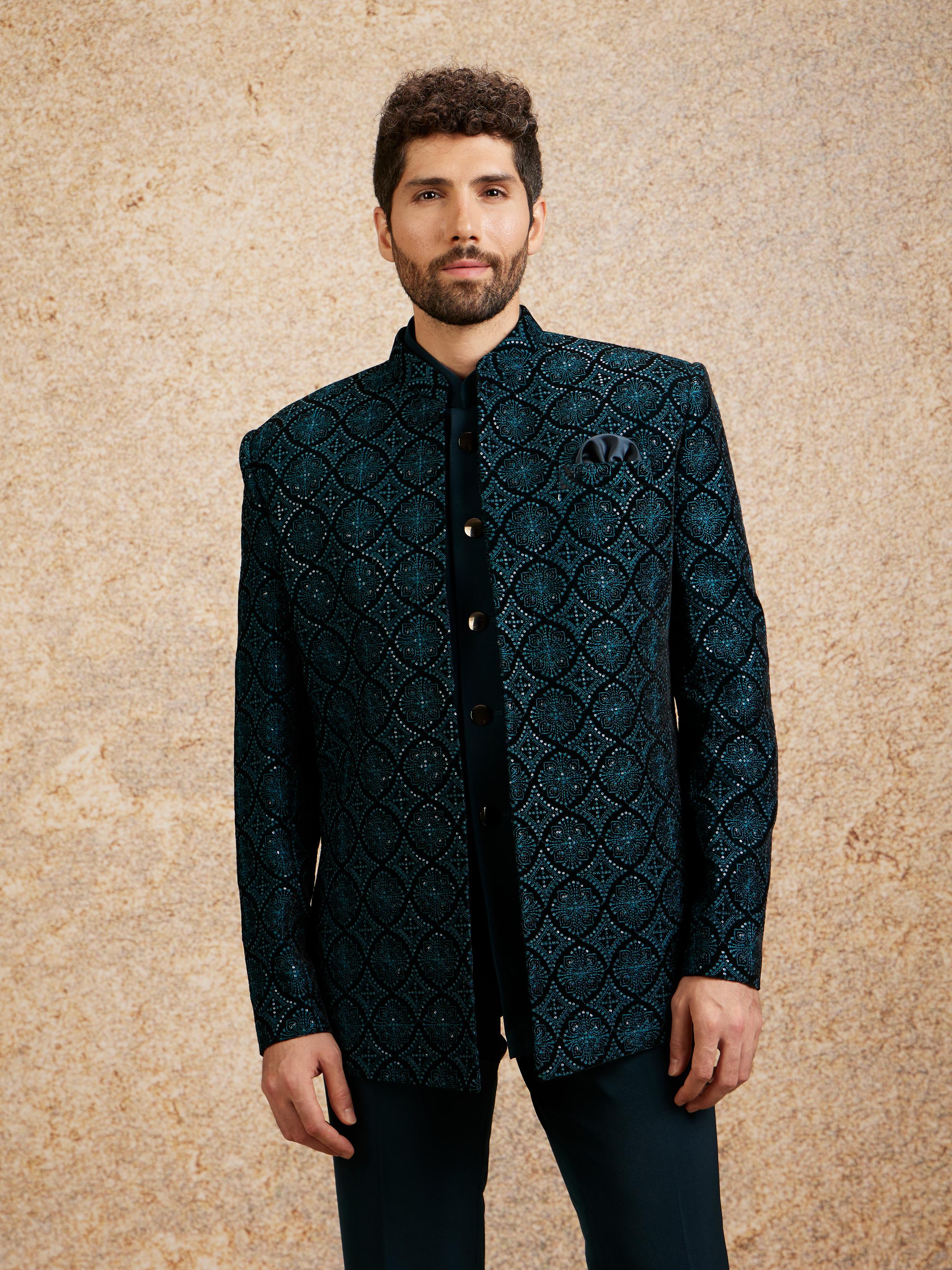 Twamev Men Turquoise Blue Extravaganza Indo Western