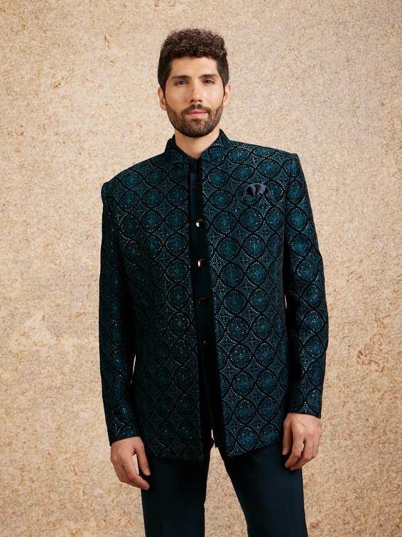 Twamev Men Turquoise Blue Extravaganza Indo Western