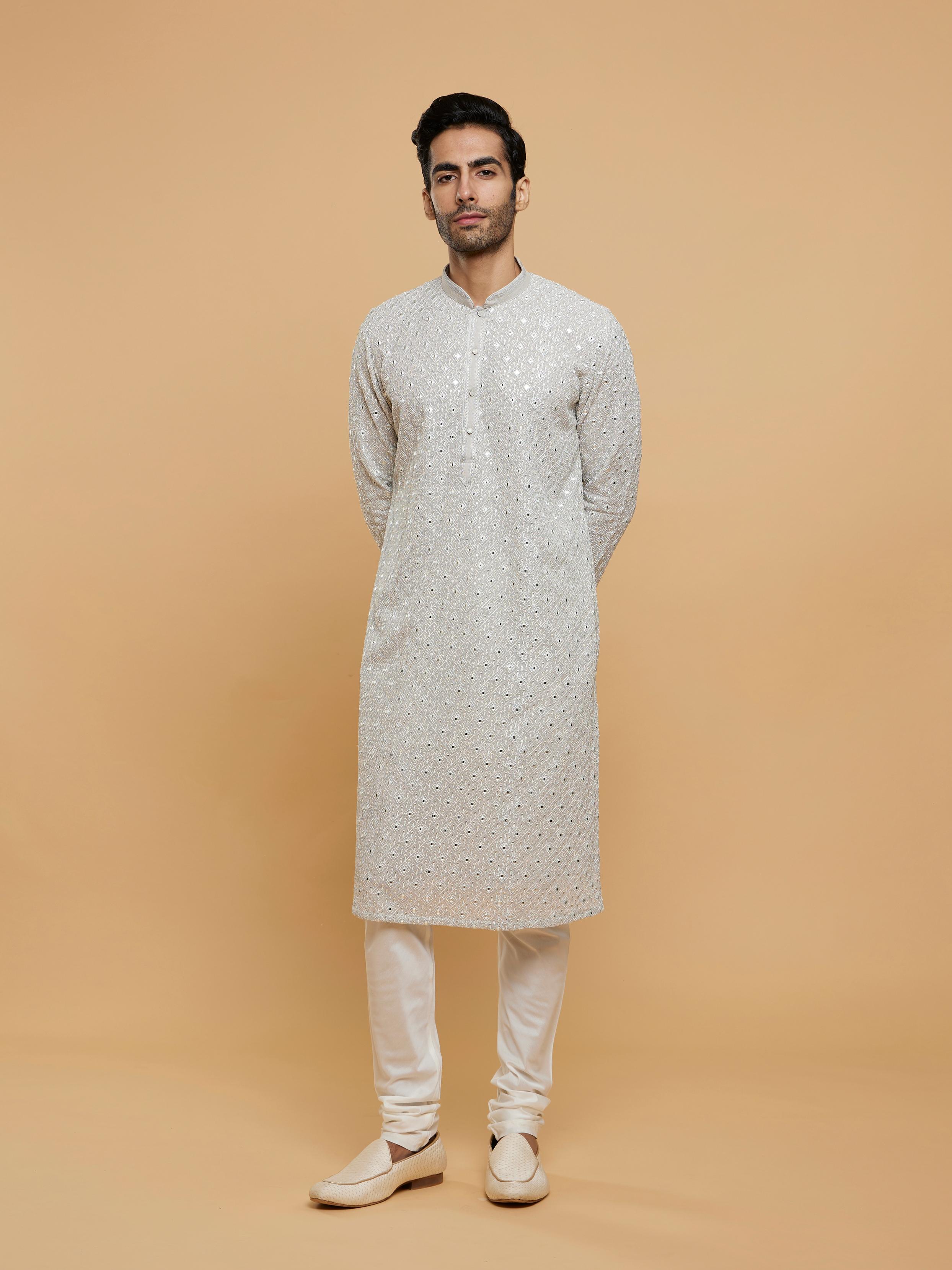 Twamev Men Smoke Grey Chikankari Kurta Set with Mirror Work