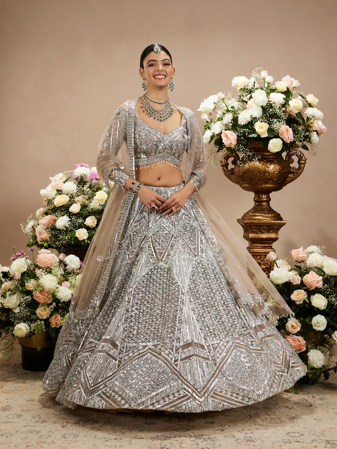 Twamev Women Steel Grey Jaal Patterned Sequinned Lehenga with Cutdana Work
