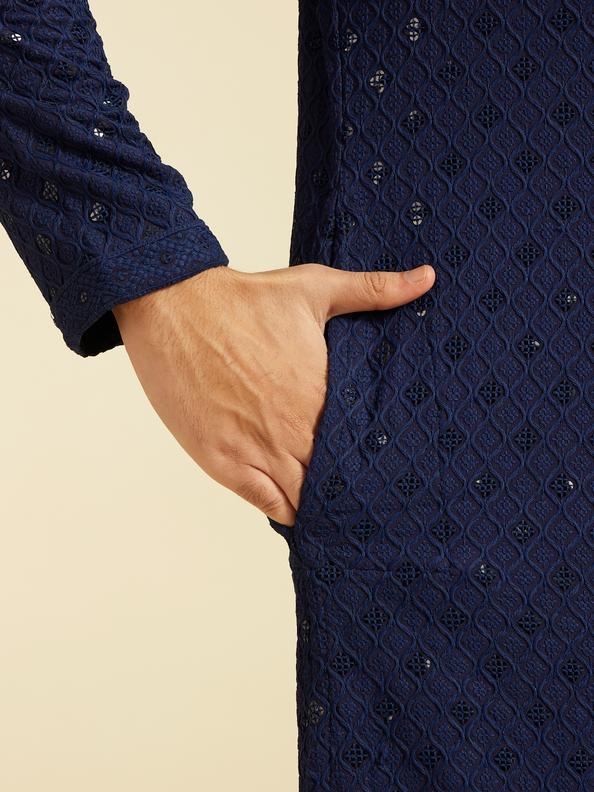 Diwas Men Navy Blue Chikankari Kurta With Sequins