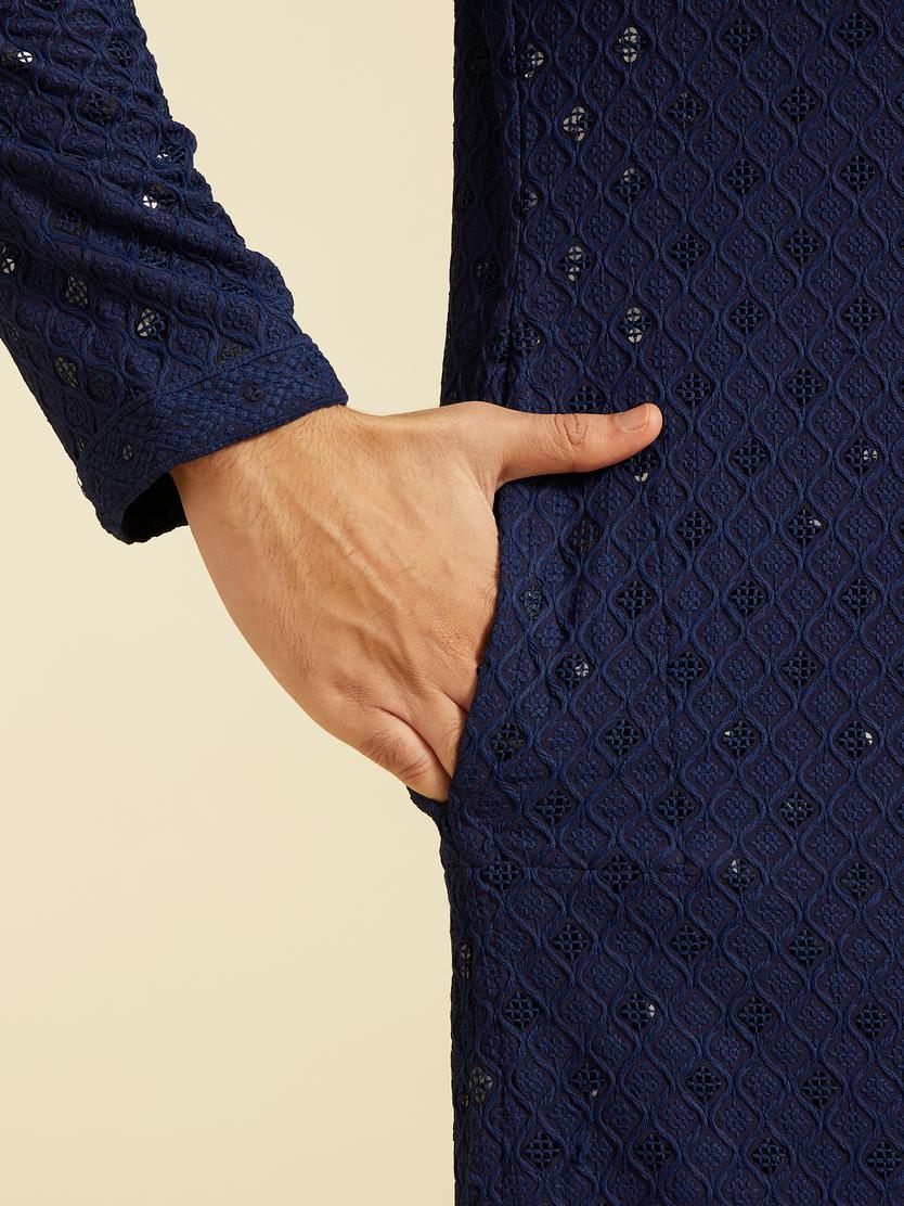 Diwas Men Navy Blue Chikankari Kurta With Sequins