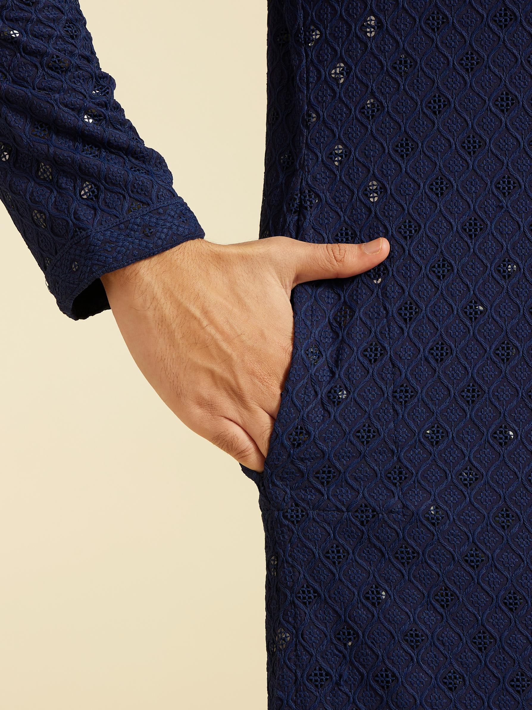 Diwas Men Navy Blue Chikankari Kurta With Sequins