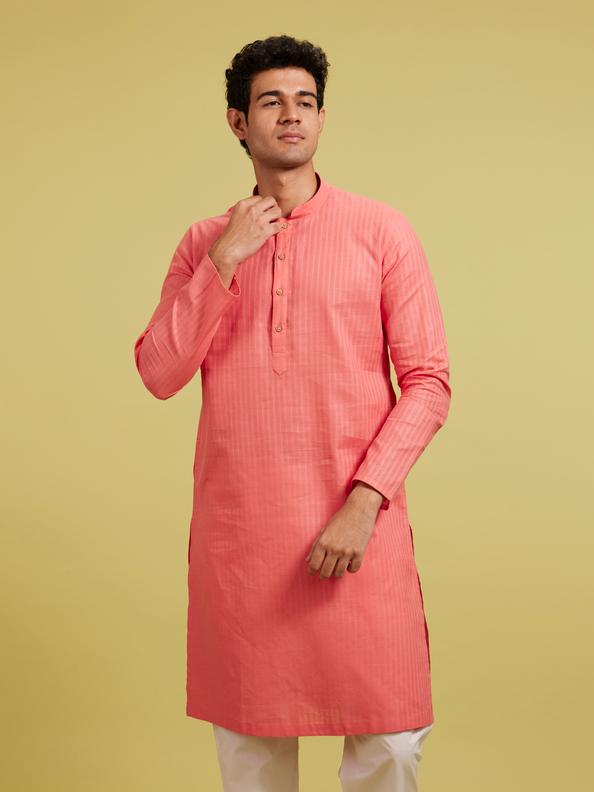 Diwas Men Rani Pink Self Striped Patterned Kurta