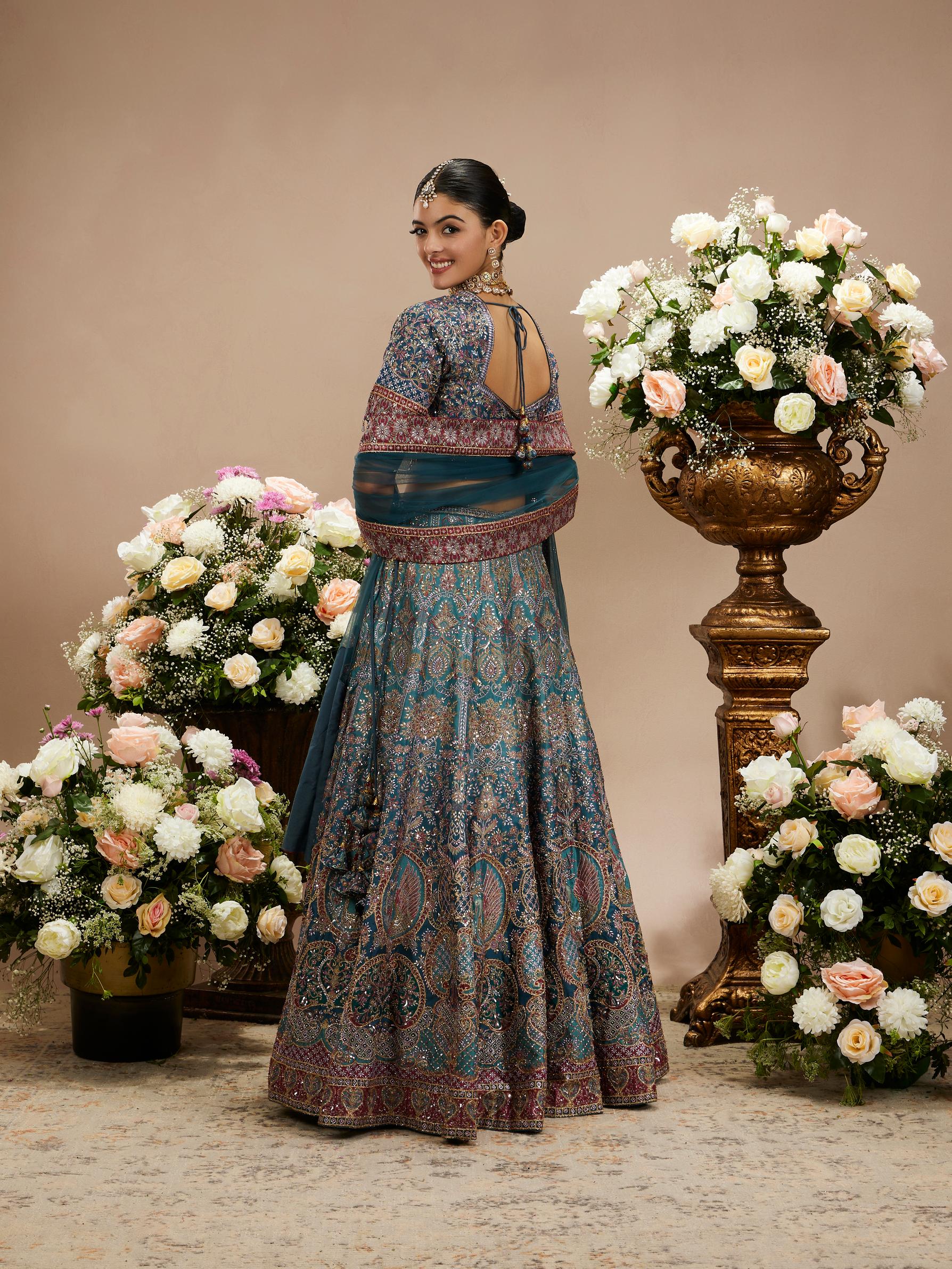 Twamev Women Cool Grey Zari Embroidered Bridal Lehenga with Floral And Peacock Motifs