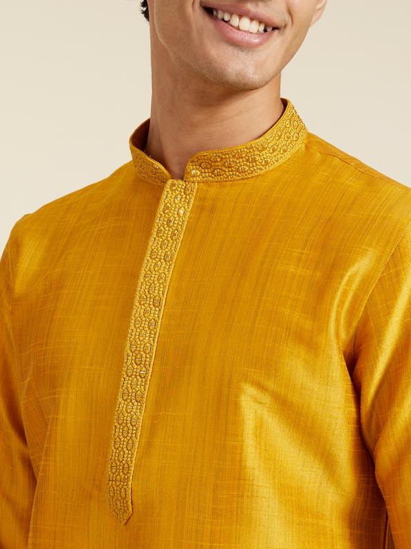 Diwas Men Mustard Yellow Self Textured Kurta with Embroidered Neckline