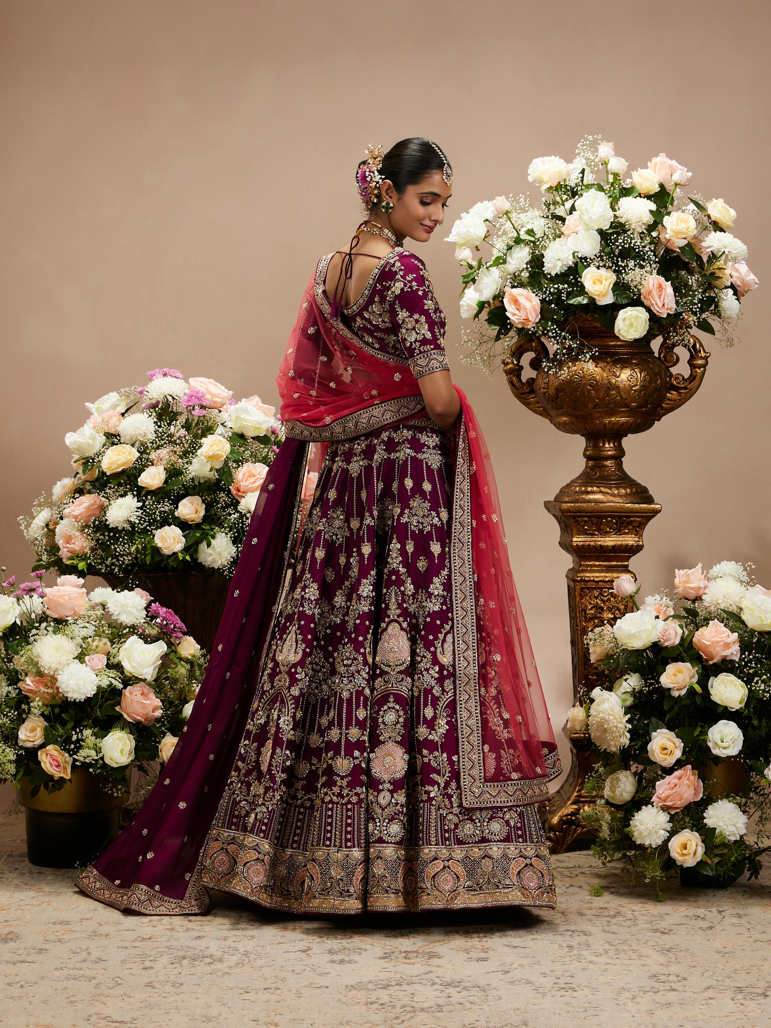 Twamev Women Wine Purple Zari Embroidered Lehenga with Medallion And Buta Motifs