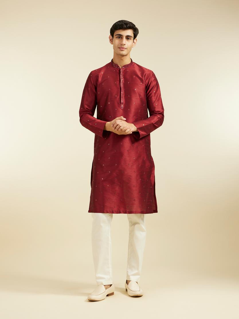 Diwas Men Maroon Red Buta Embroidered Kurta with Sequin Work