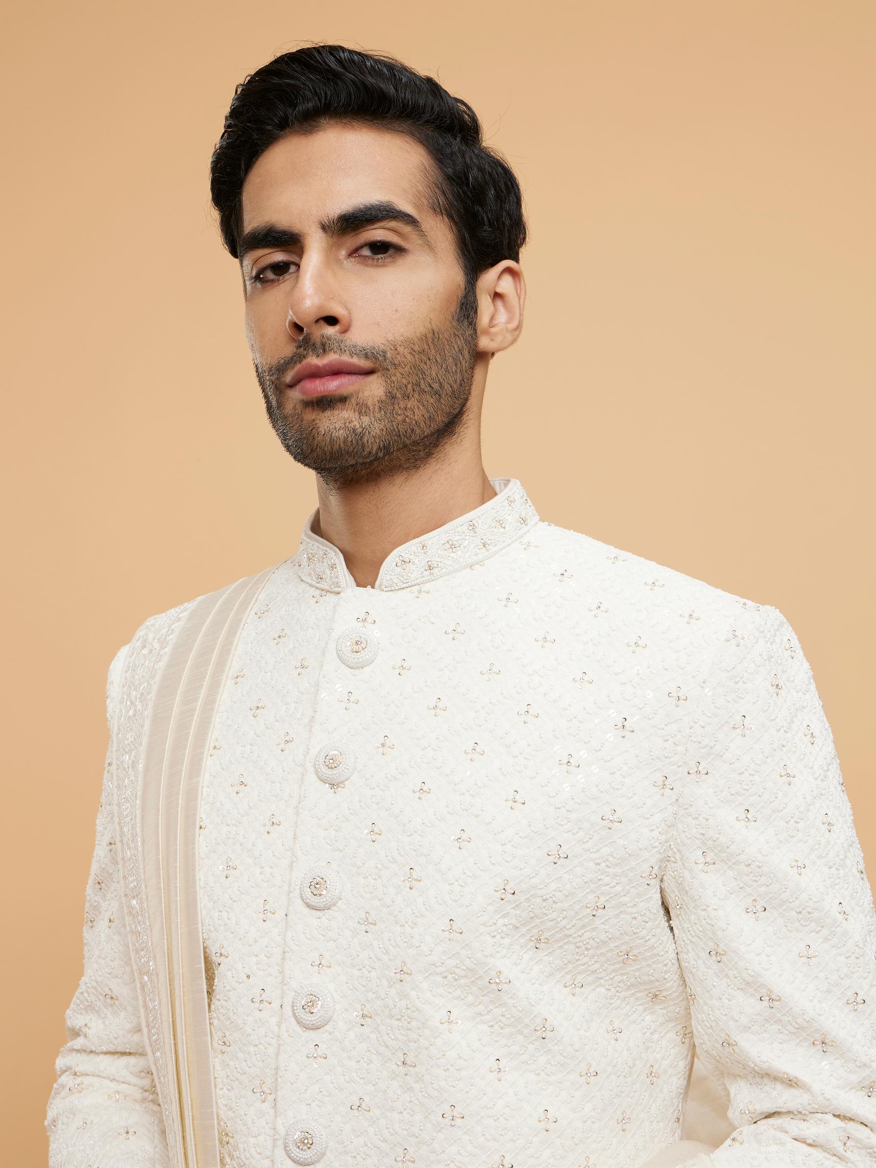 Twamev Men Warm White Jaal Patterned Sequinned Indo Western Set