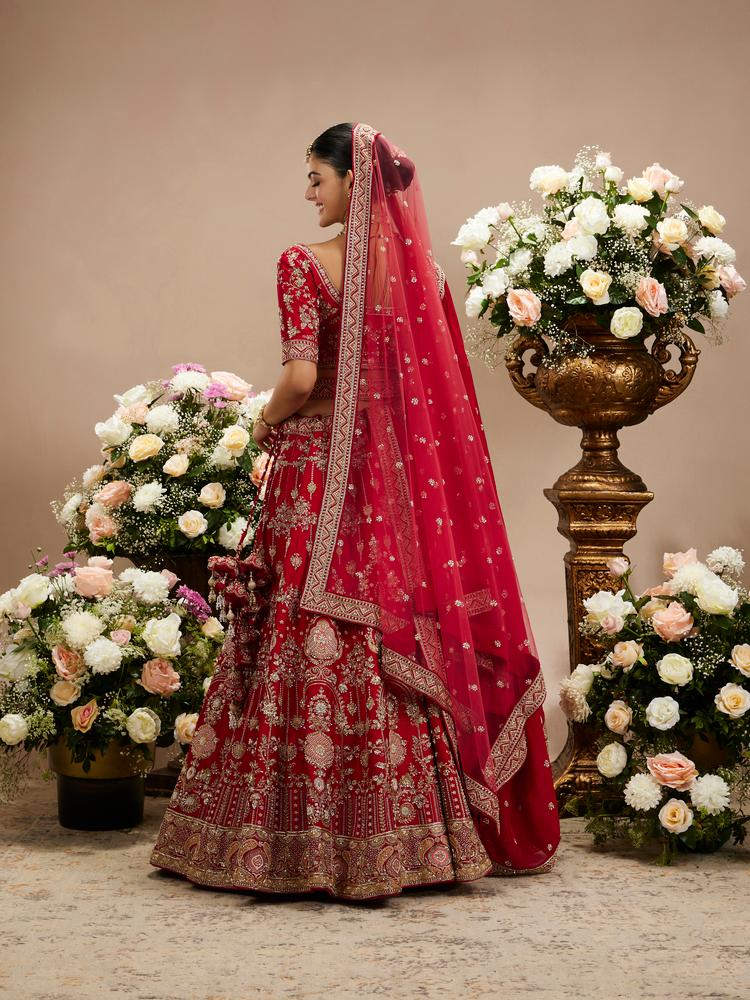 Twamev Women Tomato Red Zari Embroidered Lehenga with Medallion And Buta Motifs