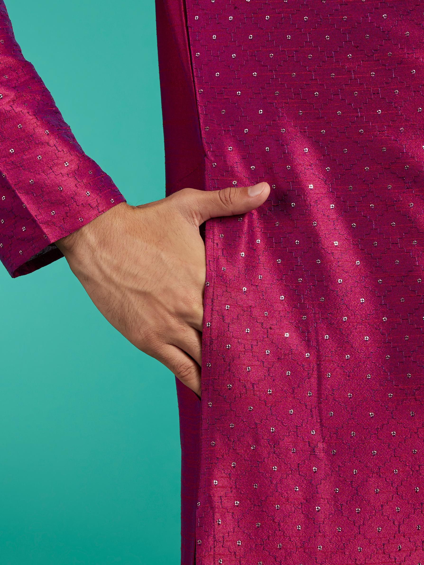 Diwas Men Rani Pink Grid Patterned Kurta with Sequin Work