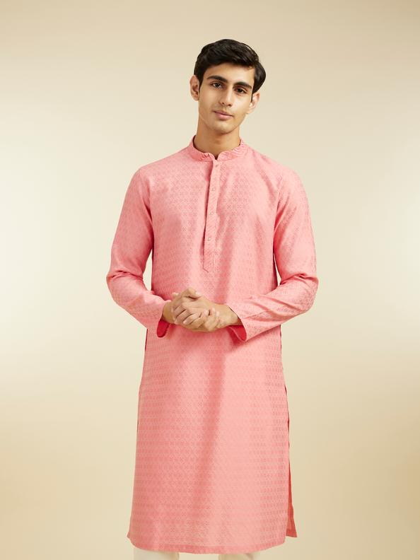 Diwas Men Coral Pink Jaal Patterned Kurta