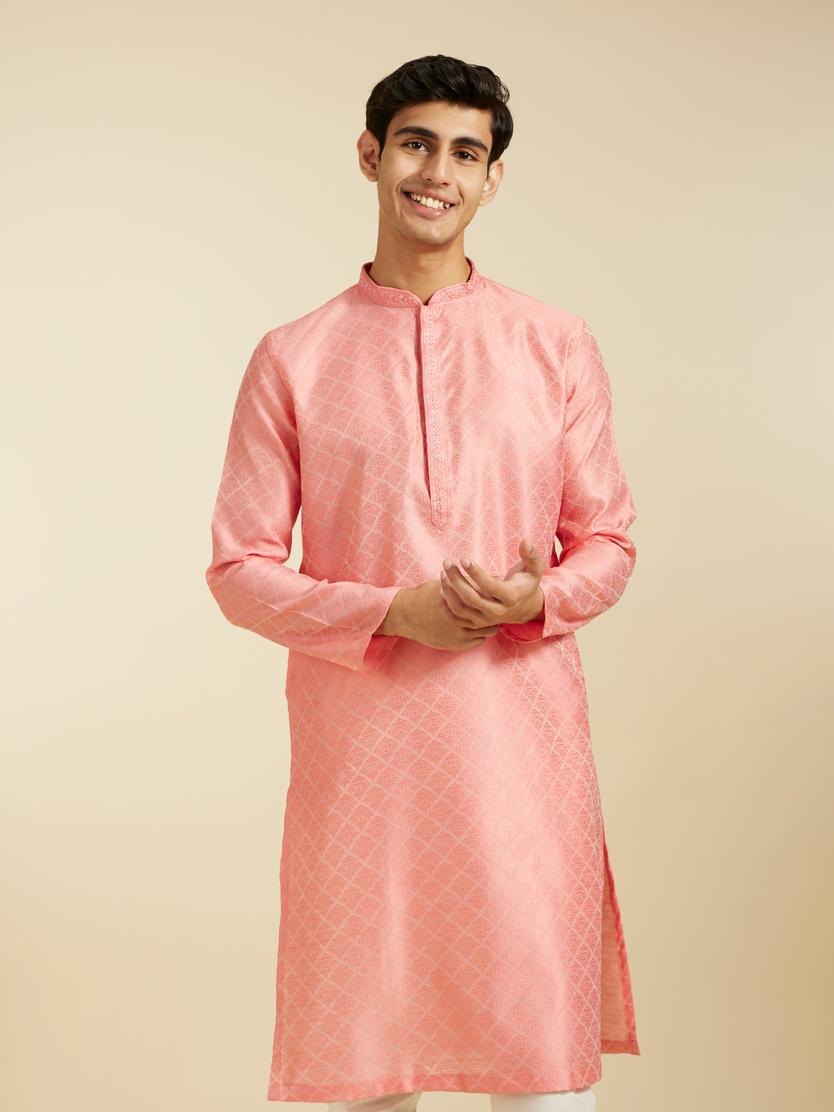 Diwas Men Flamingo Pink Jaal Patterned Kurta