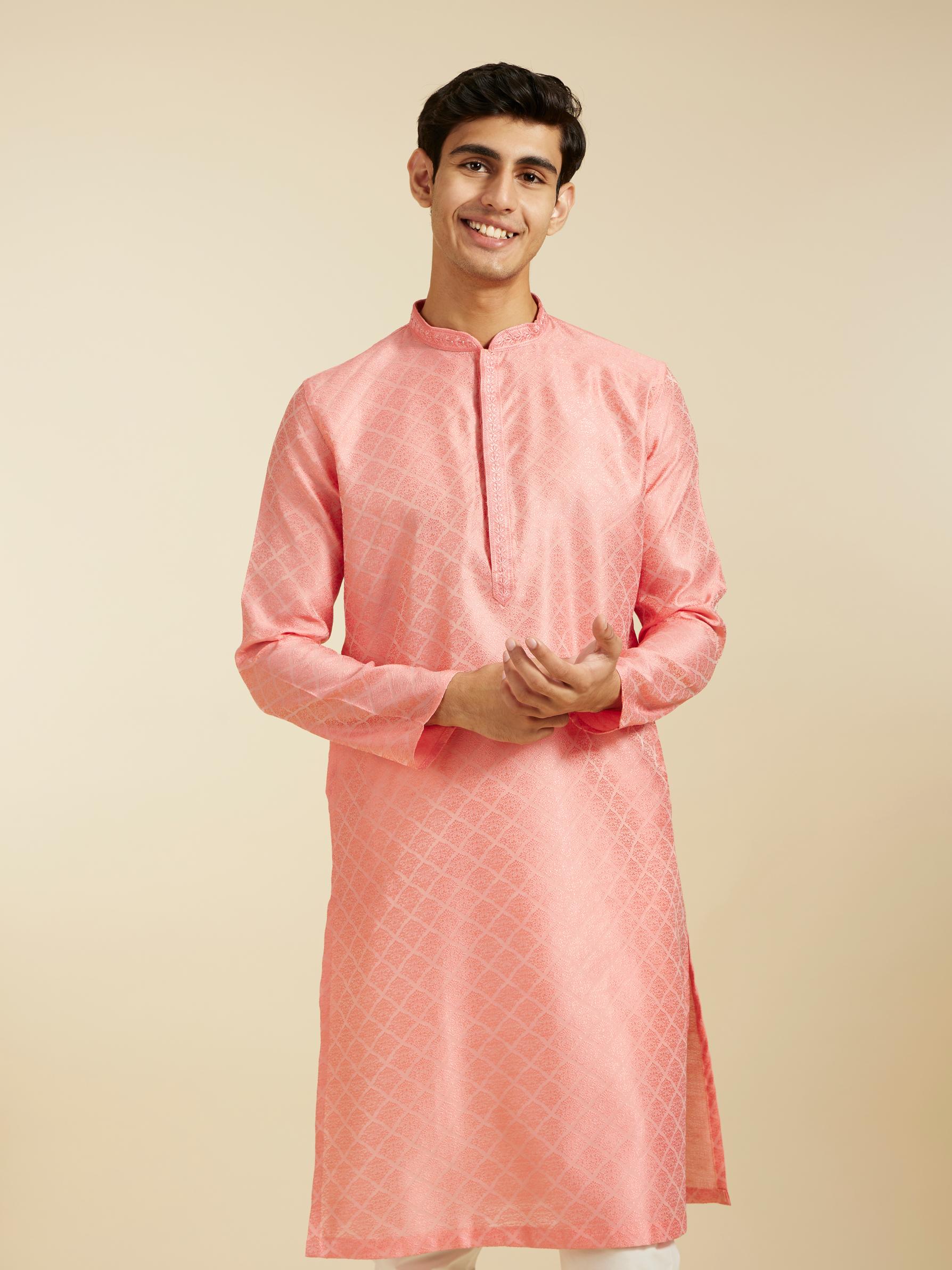 Diwas Men Flamingo Pink Jaal Patterned Kurta