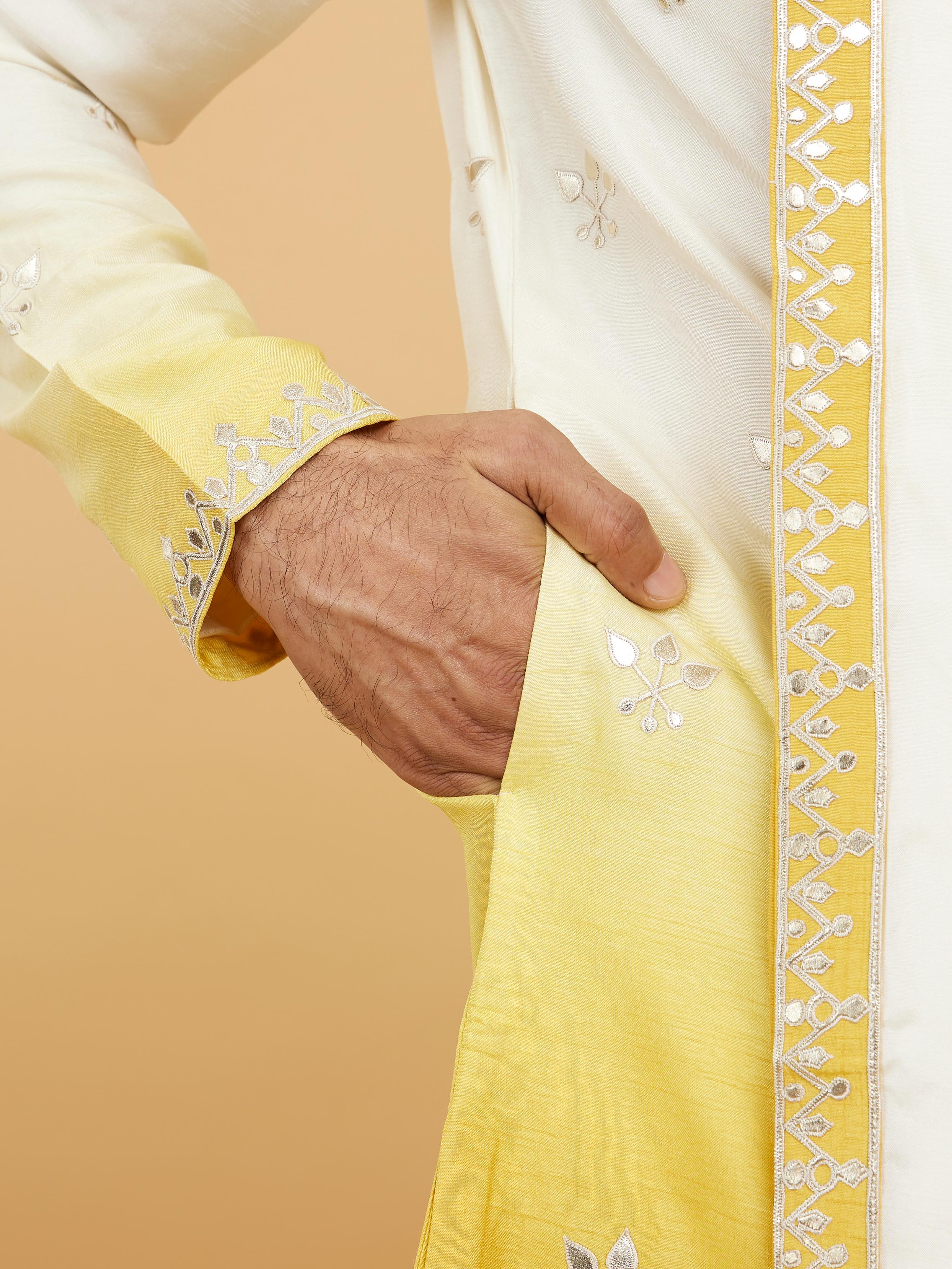 Twamev Men Twirling Mustard and Cream Kurta Set with Dupatta