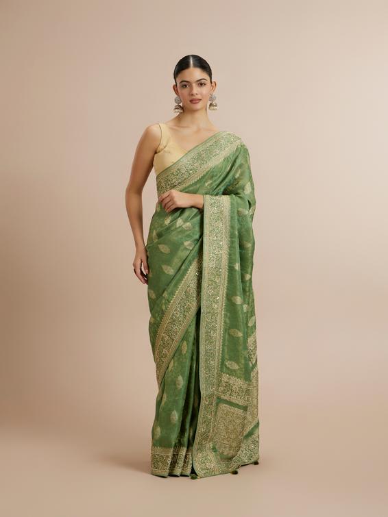 Twamev Women Enchanting Sea Green Satin Saree