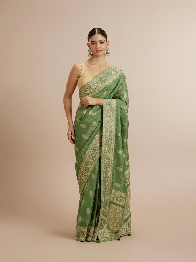 Twamev Women Enchanting Sea Green Satin Saree