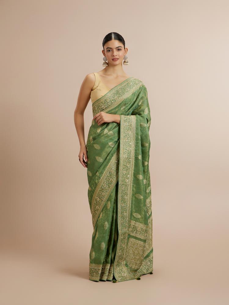 Twamev Women Enchanting Sea Green Satin Saree