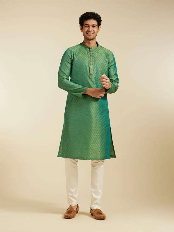 Diwas Men Soft Green Self Striped Bel Printed Kurta