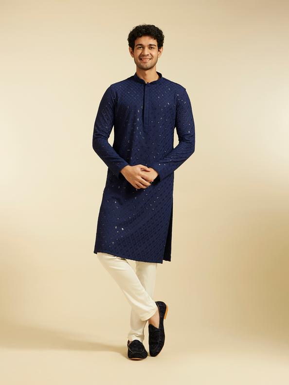 Diwas Men Navy Blue Chikankari Kurta With Sequins