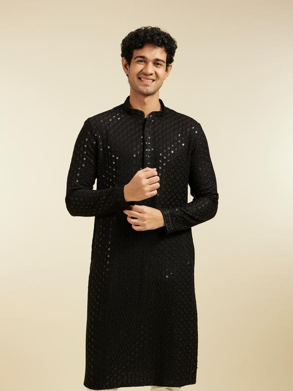 Diwas Men Ebony Black Chikankari Sequinned Kurta