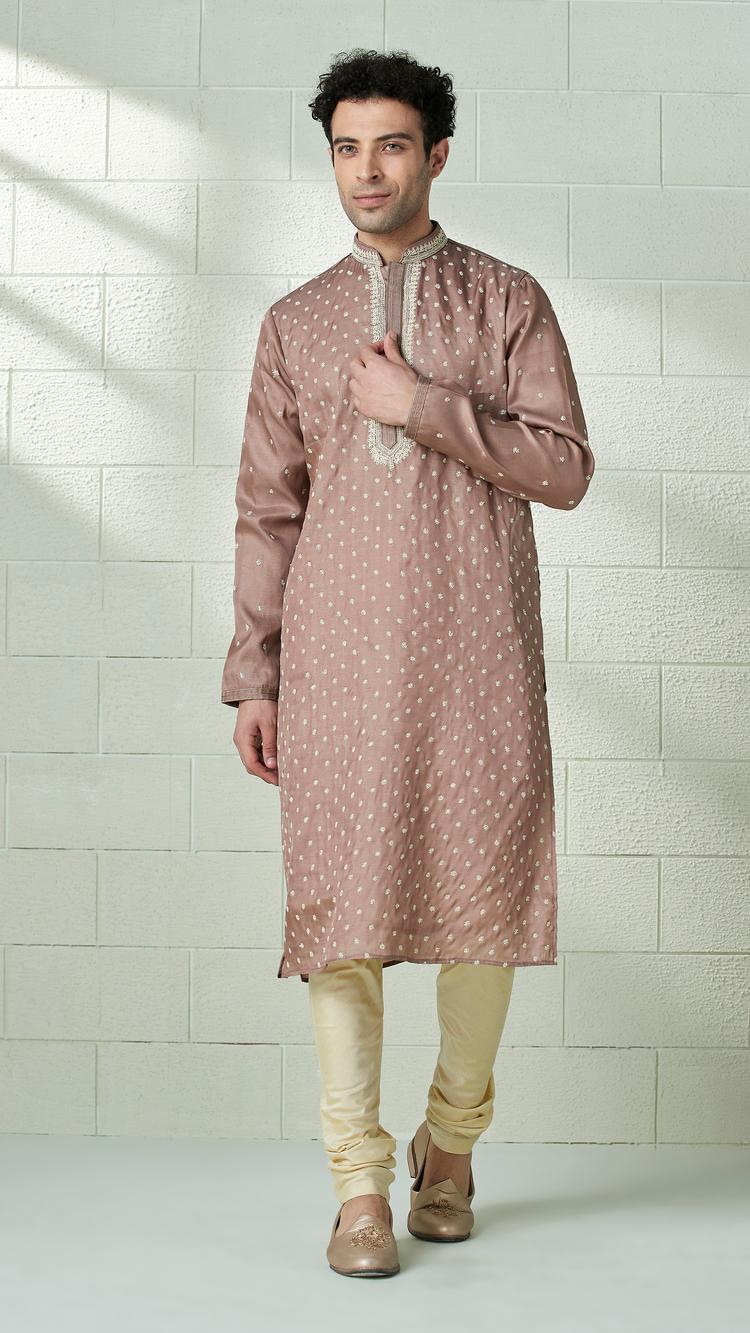 Twamev Men Mocha Brown Speckle Motif Kurta Set