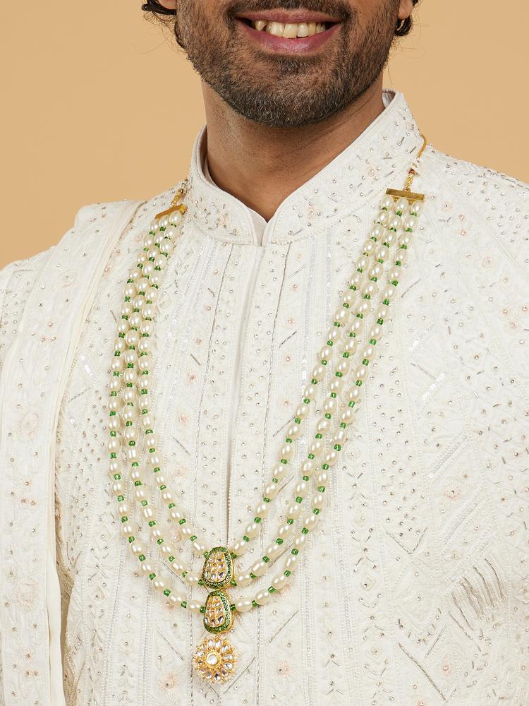 Twamev Men Twilight Teal Green Cream Ensemble Mala