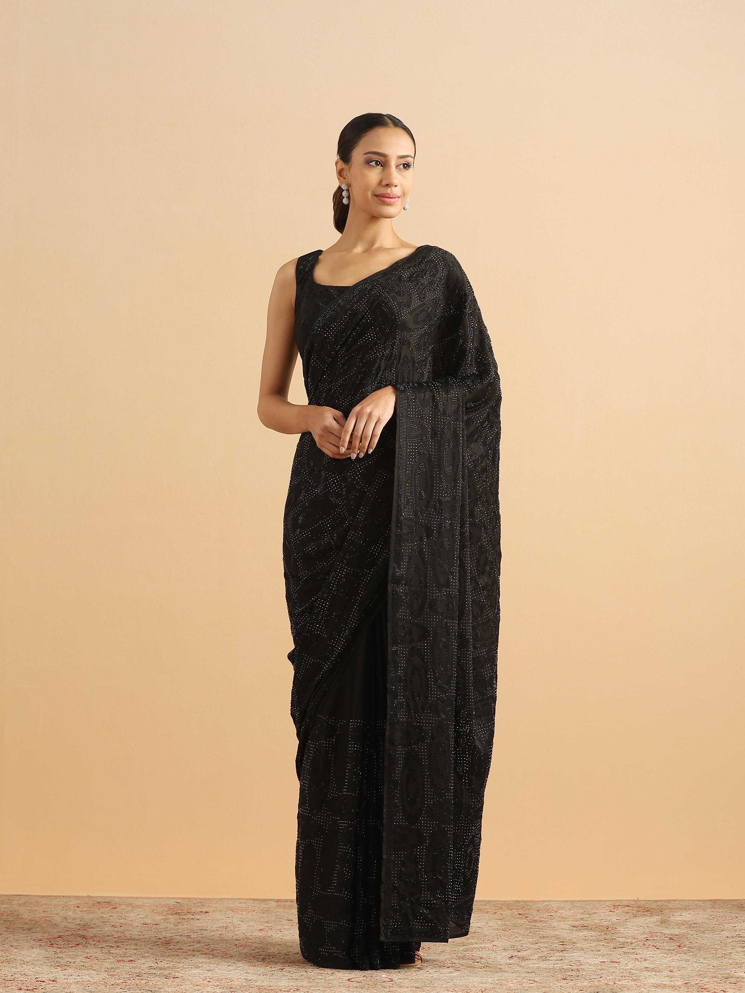Twamev Women Midnight Glamour Black Satin Saree