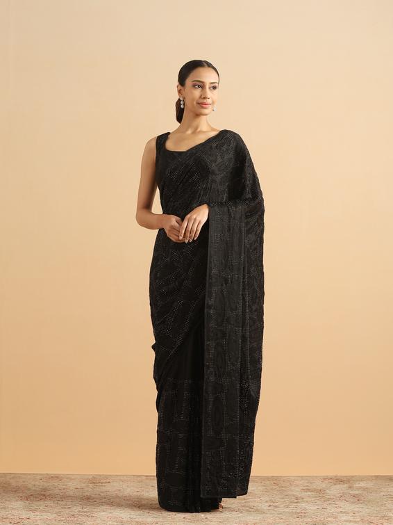 Twamev Women Midnight Glamour Black Satin Saree