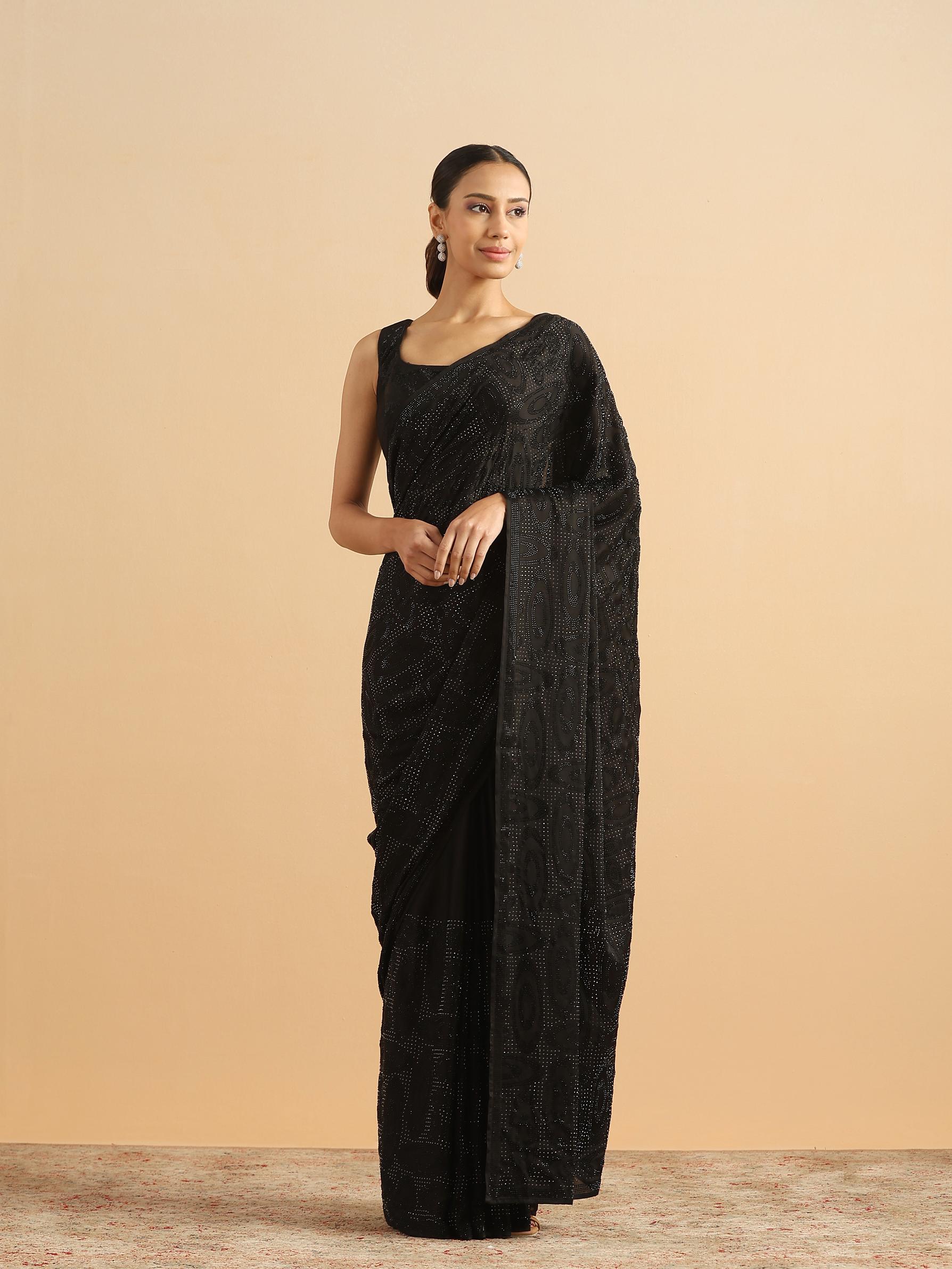 Twamev Women Midnight Glamour Black Satin Saree