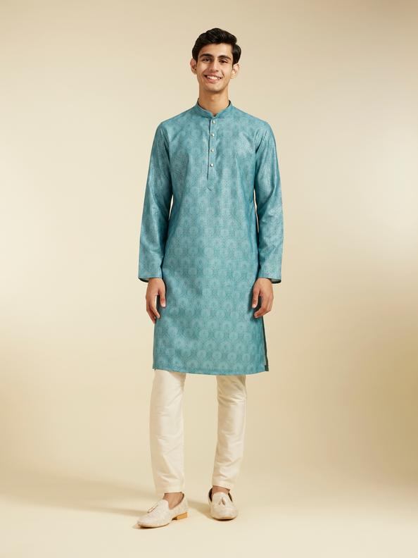 Diwas Men Aqua Green Medallion Printed Kurta