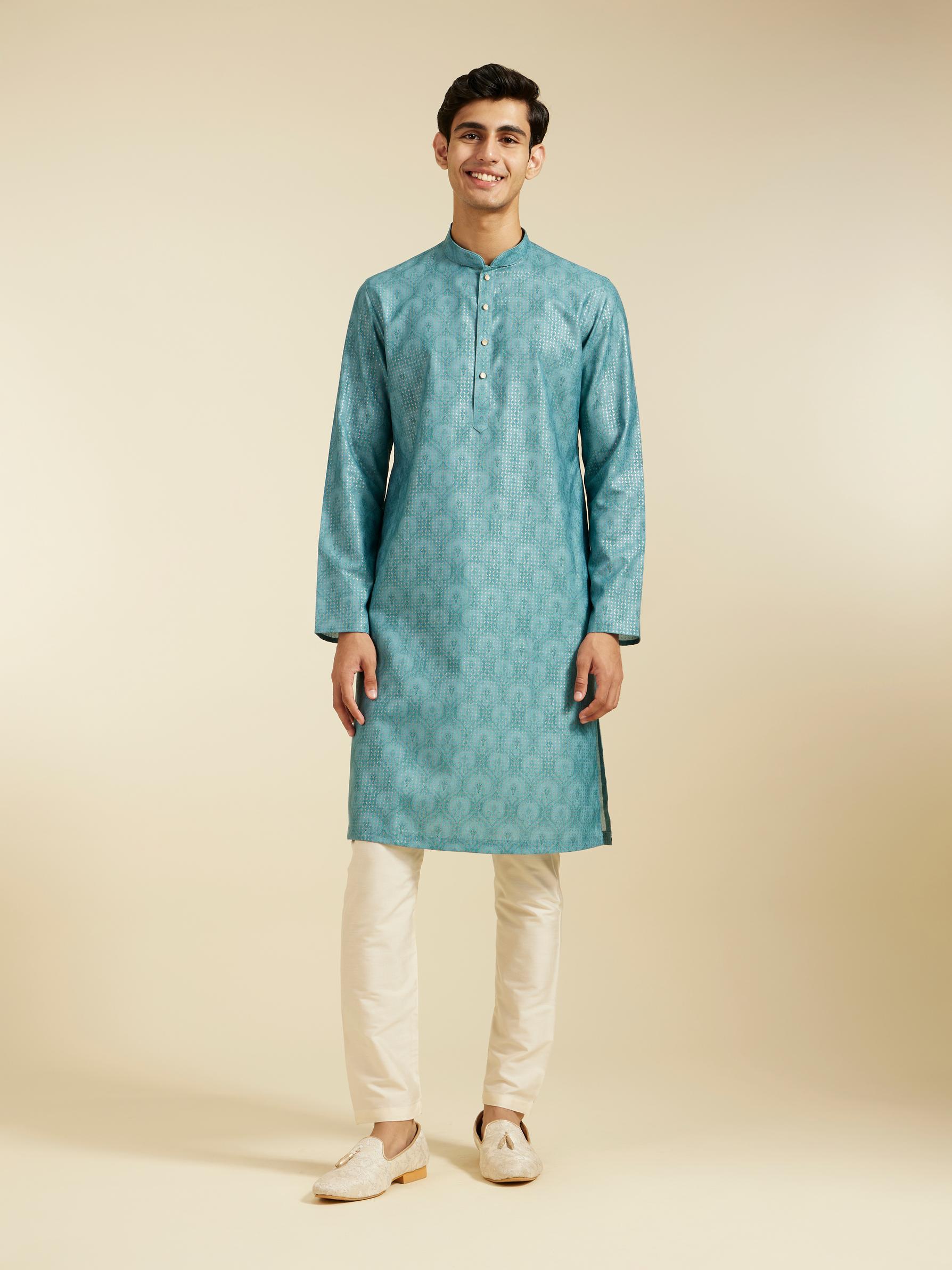 Diwas Men Aqua Green Medallion Printed Kurta
