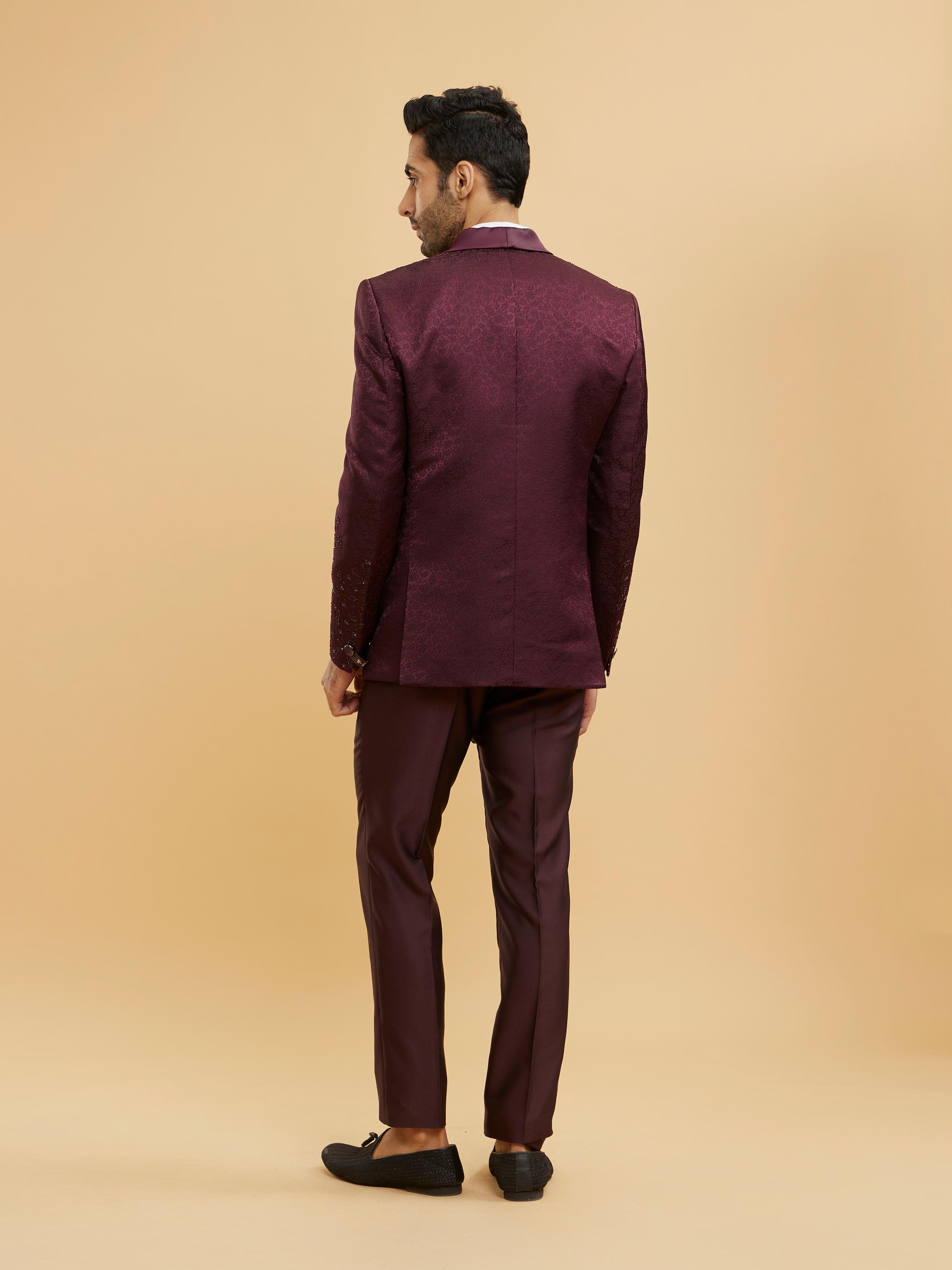 Twamev Men Wine Red Bel Buti Patterned Stone Work Designer Suit