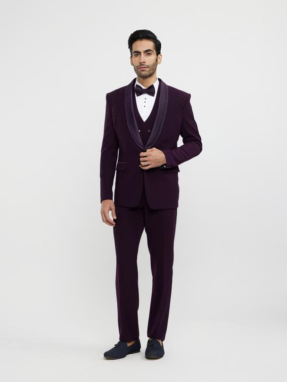 Twamev Men Wine Red Embroidered Suit Set with Rhinestone Work